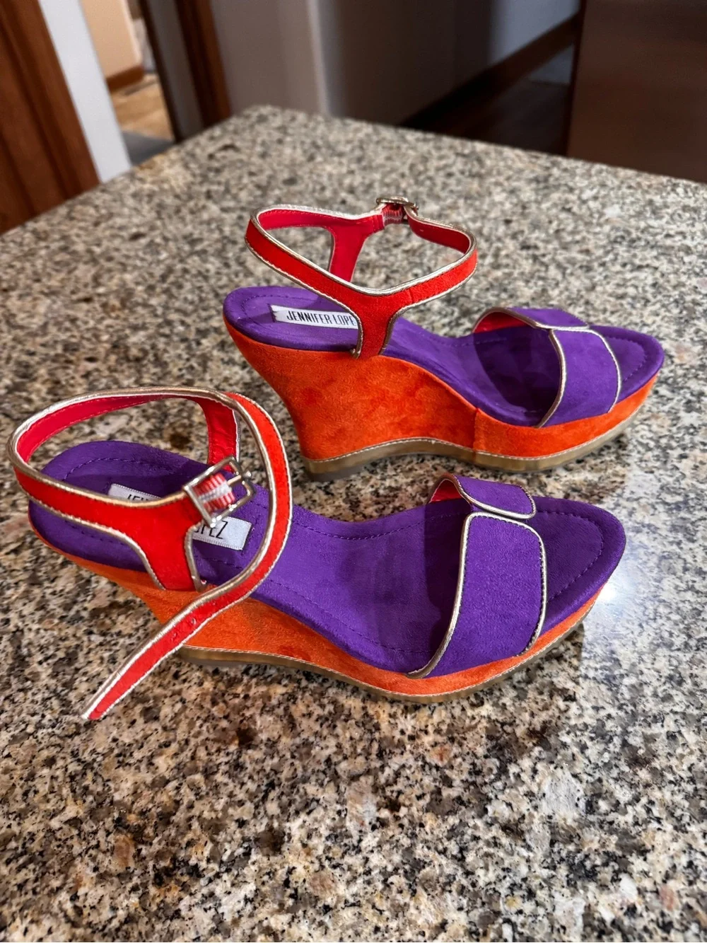 Jennifer Lopez Orange and Purple Suede Wedge Sandals